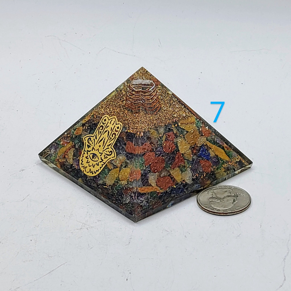 Mixed Gemstone Orgonite Pyramid with Golden Hamsa Hand Symbol Meditation Yoga - Picture 2 of 3